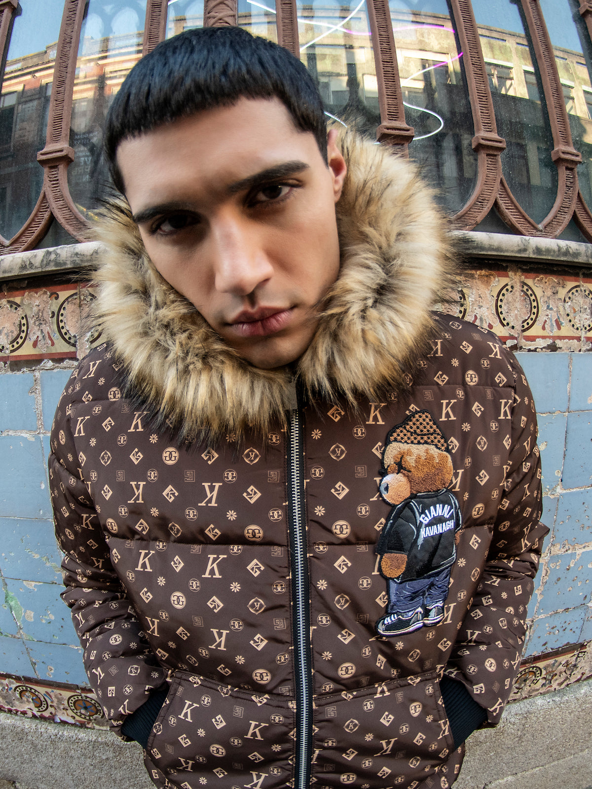 Brown Logomania Bear Puffer Jacket
