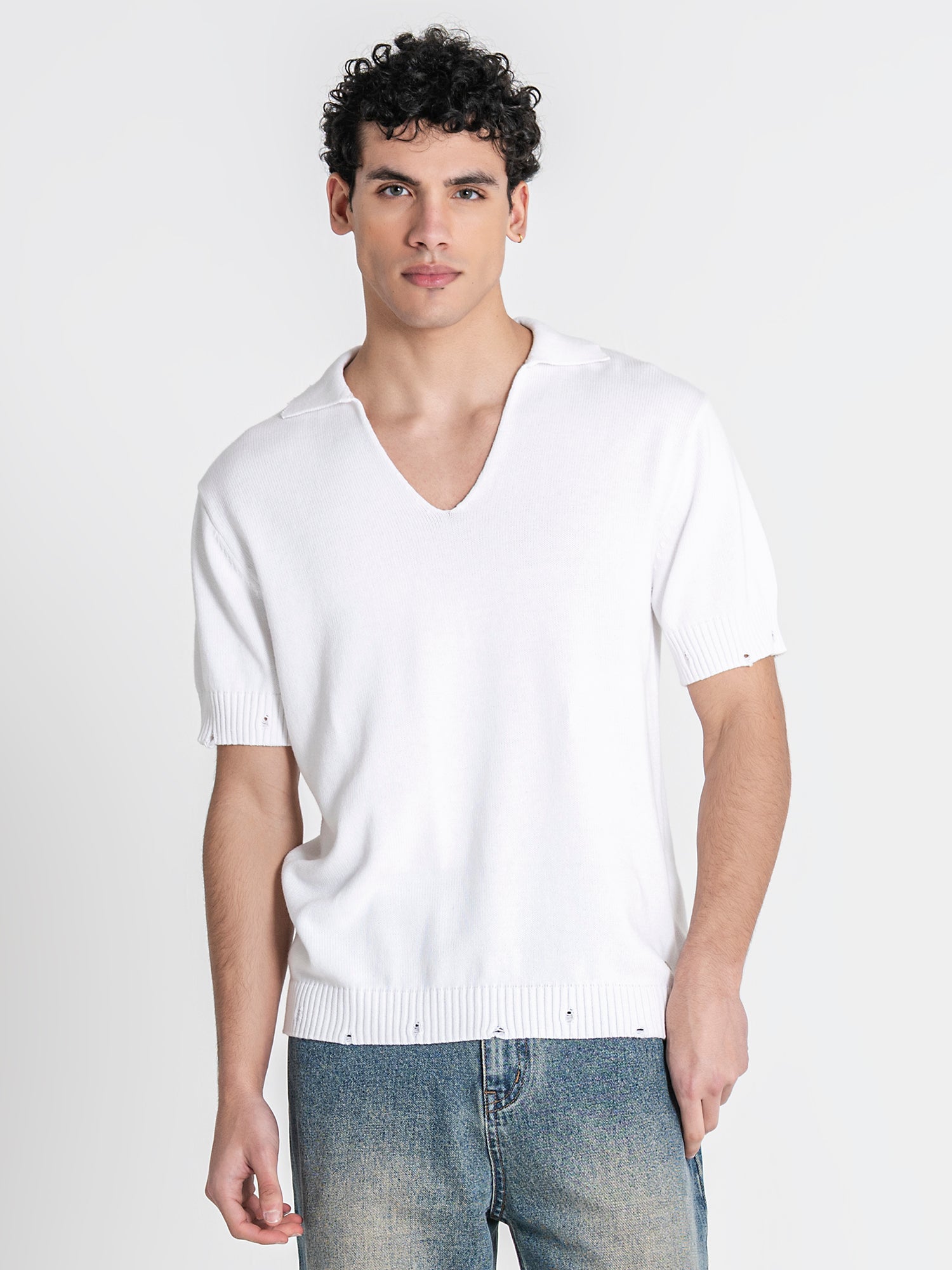 White Ripped Knit Polo