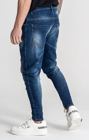 Dark Blue Distressed Zip Jeans