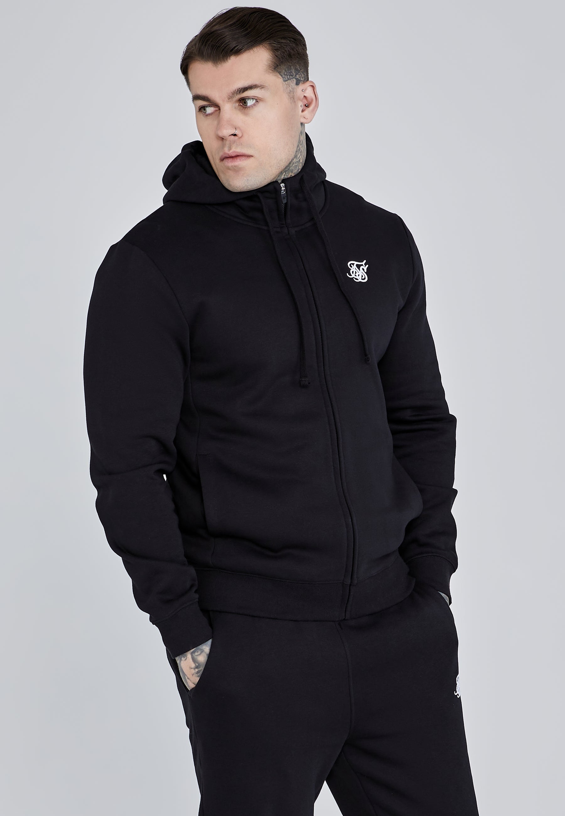 Black Essential Zip Through Funnel Hoodie